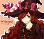  1girl anna_(granblue_fantasy) black_dress black_hat blush candle dress flying_sweatdrops frown granblue_fantasy green_eyes hair_over_one_eye hat jewelry long_hair lowres necklace orange_background outline redhead simple_background skull solo stuffed_animal stuffed_cat stuffed_toy sweat tako_(kirigiri) witch witch_hat 