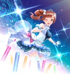  1girl ;) beads bow brown_eyes brown_hair choker confetti dress dutch_angle finger_to_mouth gloves glowstick hair_bow idol idolmaster idolmaster_cinderella_girls igarashi_kyouko jumping_dogeza one_eye_closed open_mouth pocket_watch side_ponytail smile solo sparkle thigh-highs tiara watch white_gloves 