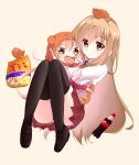  1girl :d animal_costume black_legwear blonde_hair blush brown_eyes chibi commentary_request doma_umaru dual_persona food hamster hamster_costume himouto!_umaru-chan hood long_hair looking_at_viewer mikimo_nezumi open_mouth potato_chips school_uniform skirt smile soda_bottle solo thigh-highs 