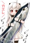  1girl ahoge carrying commentary_request dress fish horns kantai_collection looking_at_viewer mitsuki_yuuya mittens northern_ocean_hime open_mouth orange_eyes pale_skin saury shinkaisei-kan solo translation_request white_dress white_hair 
