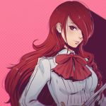  1girl blush bow breasts chromatic_aberration clockwork-cadaver collared_shirt ears eyelashes hair_over_one_eye holding_sword holding_weapon kirijou_mitsuru lips long_hair long_sleeves looking_at_viewer nose persona persona_3 pink_background polka_dot polka_dot_background red_eyes redhead shirt smile solo sword very_long_hair watermark weapon web_address 