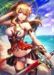  1girl adjusting_hair beach blonde_hair bow bow_legwear granblue_fantasy hair_bow long_hair palm_tree panties ponytail realize_(re-alize) red_eyes sky smile solo sword thigh-highs tree underwear vila water weapon white_panties 