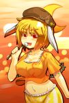  1girl animal_ears belly blonde_hair blouse blush breasts cleavage colored_eyelashes crescent_moon dango eating food hat highres large_breasts looking_at_viewer moon navel rabbit_ears ringo_(touhou) shiny_shinx short_hair solo teeth touhou wagashi 