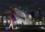  1girl arms_at_sides black_hat bow brown_hair brown_shoes building city commentary_request diagonal_stripes dress facing_away glasses hat hat_ribbon itobek kneehighs lamp loafers long_sleeves low_twintails night night_sky occult_ball orb outdoors outstretched_arms purple_dress radio_antenna ribbon rooftop satellite_dish school_uniform shoes short_hair sky skyline solo spread_arms standing striped striped_dress touhou twintails usami_sumireko walking white_legwear white_ribbon 