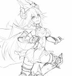  &gt;:) 1girl ass bangs breasts cape elbow_gloves from_behind gene_(gear_gene) gloves granblue_fantasy grin hair_between_eyes horns large_breasts lineart long_hair looking_back miniskirt monochrome sarasa_(granblue_fantasy) simple_background skirt smile solo thigh-highs very_long_hair white_background 