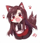  1girl akagashi_hagane animal_ears blush_stickers brown_hair chibi dress drooling fang hands_in_sleeves imaizumi_kagerou long_hair long_sleeves open_mouth paw_print red_eyes saliva simple_background smile solo tail tail_wagging touhou white_background wide_sleeves wolf_ears wolf_tail 