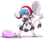  1girl blob blue_eyes blue_hair bow butterfly_net commentary_request doremy_sweet dress hand_net hat highres nightcap pom_pom_(clothes) shinapuu shirt short_hair skirt socks solo tail touhou 