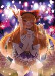  1girl blonde_hair blush bow bracelet hair_bow headset holographic_keyboard horns ibuki_suika jewelry large_bow long_hair looking_at_viewer navel nishiuri one_eye_closed open_mouth pointing skirt solo stage stage_lights touhou very_long_hair 