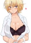  1girl :&lt; baby_steps black_bra blonde_hair blush bra breasts brown_eyes cleavage dress_shirt heart large_breasts looking_at_viewer shirt short_hair simple_background solo special_g_(spg) takasaki_natsu underwear white_background wristband 