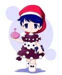  1girl blob blue_eyes blue_hair blush book bootie chibi colored_eyelashes doremy_sweet dress eoh-nanbei hat highres looking_at_viewer nightcap pom_pom_(clothes) raised_hand short_hair short_sleeves simple_background smile solo tail touhou two-tone_background walking 