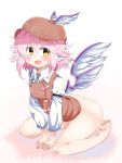  1girl animal_ears ass barefoot bird_wings blush bottomless fang full_body hat highres kneeling long_sleeves mob_cap mystia_lorelei open_mouth pink_hair puffy_sleeves ribbon shirt short_hair simple_background smile solo takashi_(nekoro) touhou vest white_background wings yellow_eyes 