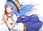  1girl blue_hair flower food fruit hat hinanawi_tenshi holding long_hair looking_at_viewer neropaso peach red_eyes sketch smile solo touhou 