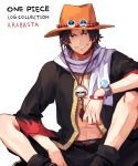  1boy abs bent_knees compass hat male_focus one_piece portgas_d_ace safari_hat scarf short_hair shorts sitting smile solo somemiya_suzume 