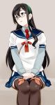  1girl black_hair glasses green_eyes hands_on_thighs hip_vent kantai_collection long_hair long_sleeves looking_away necktie ojipon ooyodo_(kantai_collection) open_mouth short_sleeves sitting solo thigh-highs 