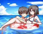  1boy 1girl bikini black_hair blush glasses innertube kara_no_kyoukai kokutou_mikiya ohitashi_netsurou open_mouth ryougi_shiki short_hair smile swimsuit water 