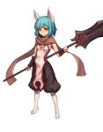  1girl animal_ears blue_hair brown_eyes commentary_request honeyyun korean polearm scarf short_hair simple_background smile solo spear weapon white_background 