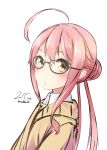  1girl 2015 ahoge artist_name blush dated double_bun from_side glasses green-framed_glasses huge_ahoge kantai_collection long_hair long_sleeves looking_at_viewer looking_to_the_side makigumo_(kantai_collection) nekobaka pink_hair signature simple_background sleeves_past_wrists solo twintails twitter_username upper_body white_background 
