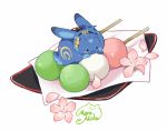  animalization artist_name cherry_blossoms dango food maruneko mikazuki_munechika no_humans petals plate rabbit sanshoku_dango signature skewer touken_ranbu wagashi 