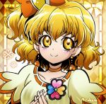  1girl bow choker cokata cure_pine earrings fresh_precure! hair_bow heart heart_earrings jewelry magical_girl orange_(color) orange_bow orange_eyes orange_hair precure short_hair smile solo twitter_username upper_body yamabuki_inori 