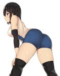  1girl ass bare_shoulders bent_over black_hair blue_shorts blush buruma copyright_request expressionless hand_on_own_knee kureha_(ironika) leaning_forward red_eyes simple_background sportswear sweat thigh-highs volleyball_uniform white_background 