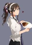  1girl apron ashigara_(kantai_collection) brown_eyes brown_hair curry food grey_background grin hairband heart holding_plate kantai_collection kanu_sadi looking_at_viewer ponytail simple_background smile solo 