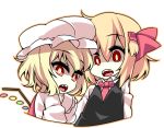  2girls black_dress dress fangs flandre_scarlet hat looking_at_viewer mob_cap multiple_girls red_dress red_eyes rumia shamo_(koumakantv) shirt touhou wings 