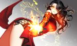  1girl apt bare_shoulders black_hair breasts cinder_fall dress glowing glowing_eyes highres large_breasts long_hair looking_at_viewer magic_circle red_dress rwby side_slit solo thighs yellow_eyes 