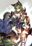  1girl animal_ears armor armored_dress boots c.c. code_geass cosplay creayus granblue_fantasy green_hair heles heles_(cosplay) long_hair solo tagme thigh-highs thigh_boots yellow_eyes 