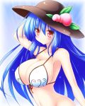  1girl bikini_top blue_hair bottomless breasts cleavage collarbone food fruit hat highres hinanawi_tenshi large_breasts long_hair navel osashin_(osada) out-of-frame_censoring peach red_eyes smile solo touhou very_long_hair 