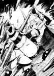  1girl :d ahoge artist_request ass bangs blush breasts elbow_gloves gloves granblue_fantasy hair_between_eyes horns large_breasts long_hair miniskirt monochrome open_mouth panties pantyshot sarasa_(granblue_fantasy) simple_background skirt smile solo thigh-highs underwear white_background 