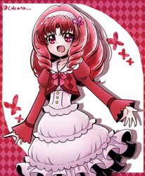  1girl akagi_towa argyle argyle_background bow butterfly_hair_ornament cokata cowboy_shot curly_hair dress frills go!_princess_precure hair_ornament hairband long_hair precure red_background red_bow red_eyes redhead smile solo twitter_username white_dress 