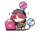  1girl =_= bare_shoulders brand_name_imitation chain chibi clothes_writing collar computer earth_(ornament) flustered hat hecatia_lapislazuli hemogurobin_a1c laptop long_hair moon_(ornament) open_mouth parody pun redhead shirt solo t-shirt tears touhou wavy_mouth 