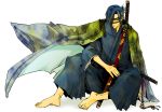  angry barefoot bent_knees date_masamune eyepatch hakama japanese_clothes kamera katana male_focus short_hair sitting solo sword traditional_clothes weapon 