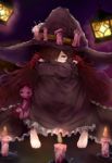  1girl anna_(granblue_fantasy) barefoot blurry buttons candle depth_of_field dress fire frilled_dress frills granblue_fantasy green_eyes hair_over_one_eye hat highres hiiragi_yashiro lantern long_hair long_sleeves looking_at_viewer purple_dress redhead sitting solo stuffed_animal stuffed_cat stuffed_toy very_long_hair witch witch_hat 