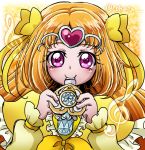  1girl blowing bow brooch circlet cokata cure_muse_(yellow) frills hair_bow heart jewelry long_hair magical_girl orange_hair pink_eyes precure shirabe_ako smile solo suite_precure treble_clef twitter_username upper_body yellow_background yellow_bow 