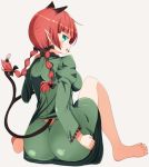  1girl alternate_eye_color animal_ears ass_cutout barefoot bow braid cat_ears cat_tail dress extra_ears fang from_behind full_body green_dress green_eyes hair_bow hair_ornament highres kaenbyou_rin long_sleeves looking_at_viewer looking_back multiple_tails open_mouth pointy_ears profile puffy_sleeves redhead simple_background sitting smile solo tail takashi_(nekoro) touhou twin_braids 