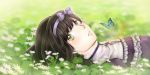  +1_(yakusoku0722) 1girl black_hair blurry butterfly daisy depth_of_field flower grass green_eyes hairband highres light looking_at_viewer lying on_back original rainbow solo 