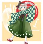  1girl alternate_costume blue_eyes blush checkered full_body hairband hitodama japanese_clothes konpaku_youmu konpaku_youmu_(ghost) long_skirt long_sleeves looking_at_viewer nagare obi open_mouth oriental_umbrella outstretched_arms ribbon sandals sash short_hair silver_hair skirt smile solo touhou umbrella white_legwear wide_sleeves 