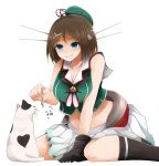  1girl arano_oki bare_shoulders batsubyou black_gloves blue_eyes blush breast_squeeze breasts brown_hair cat cat_teaser cleavage curvy gloves hat headgear kantai_collection maya_(kantai_collection) midriff miniskirt navel playing sardine school_uniform serafuku sitting skirt smile solo wariza 