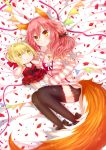  1girl animal_ears bed blonde_hair blush breasts caster_(fate/extra) cleavage dress fate/extra fate_(series) fox_ears fox_tail green_eyes hair_ribbon highres large_breasts long_hair looking_at_viewer pink_hair ribbon saber_extra soda_(sodachuxd) solo stuffed_toy tail thigh-highs twintails type-moon yellow_eyes 