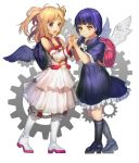  2girls :d angel_wings backpack bag bare_shoulders black_legwear black_wings blonde_hair boots brown_eyes character_request copyright_request dress gears holding_hands honeyyun kneehighs long_hair multiple_girls open_mouth purple_hair randoseru short_hair smile twintails violet_eyes white_dress white_wings wings 