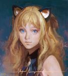  1girl animal_ears artist_name bare_shoulders blonde_hair cat_ears dbd face fake_animal_ears faux_traditional_media light_smile microphone realistic seeu solo vocaloid watermark web_address 