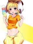  1girl animal_ears blonde_hair blue_ice_cream blush doku_corne flat_cap food green_ice_cream hat highres ice_cream ice_cream_cone looking_at_viewer midriff navel open_mouth pants rabbit_ears red_eyes ringo_(touhou) shirt short_hair short_sleeves smile solo strawberry_ice_cream too_many too_many_scoops touhou vanilla_ice_cream yellow_ice_cream 