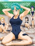  4girls adjusting_hair android_18 aqua_eyes aqua_hair blonde_hair breasts bulma character_request chin_rest cleavage dated dragon_ball dragon_ball_z fence karasuma_rauru mouth_hold multiple_girls sitting swimsuit tying_hair 