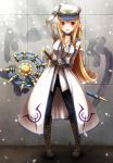  1girl blonde_hair dungeon_and_fighter hat long_hair mage_(335656) pointy_ears red_eyes solo staff summoner_(dungeon_and_fighter) weapon 