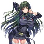  1girl absurdres breasts green_hair highres impossible_clothes long_hair looking_at_viewer mina_likering nakabayashi_reimei parted_lips pink_eyes simple_background skindentation smile solo super_robot_wars_f very_long_hair white_background 