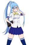  1girl aoki_hagane_no_arpeggio bespectacled blue_eyes blue_hair book glasses long_hair ponytail ribonzu takao_(aoki_hagane_no_arpeggio) thigh-highs uniform 