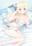  1girl alternate_costume atago_(kantai_collection) babydoll barefoot bed_sheet blonde_hair blue_bow blush bow breasts hand_on_own_chest kantai_collection lace large_breasts lingerie long_hair looking_at_viewer lying nanairo_fuuka navel on_side panties pillow smile solo strap_slip underwear very_long_hair white_panties 