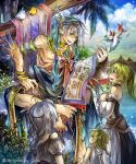  2boys 2girls ahoge aqua_hair armband barefoot bird bracelet braid branch child choker clouds clover colorful cygames detached_sleeves earrings fantasy fins floating four-leaf_clover fujiwara_akina green_hair grey_hair hands_on_own_chest head_fins indian_style jewelry long_hair looking_at_another monster_boy multicolored_hair multiple_boys multiple_girls ponytail ribs sash scales scroll shingeki_no_bahamut short_hair single_braid sitting sky smile tree water 