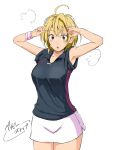  1girl :&lt; \m/ \n/ armpits baby_steps blush_stickers brown_eyes copyright_name double_\n/ hair_between_eyes looking_at_viewer open_mouth short_hair simple_background skirt solo special_g_(spg) sportswear steam takasaki_natsu tennis_uniform white_background wristband 